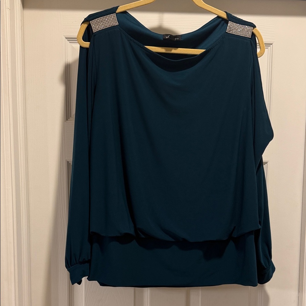 Teal Cold-Shoulder Blouson Top with Embellished Shoulders